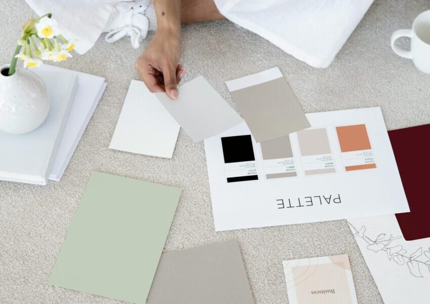 Designer sits on carpet with color palettes and samples, planning creative project.